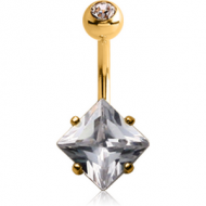 14K GOLD SQUARE PRONG SET 6MM CZ NAVEL BANANA WITH JEWELLED TOP BALL PIERCING