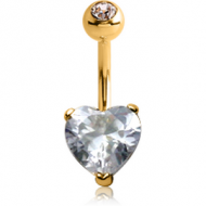 14K GOLD HEART PRONG SET 6MM CZ NAVEL BANANA WITH JEWELLED TOP BALL PIERCING