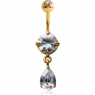 14K GOLD ROUND CZ DANGLE NAVEL BANANA WITH JEWELLED TOP BALL PIERCING