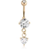 14K GOLD HEART CZ DANGLE NAVEL BANANA WITH JEWELLED TOP BALL PIERCING