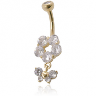 14K GOLD DOUBLE JEWELLED NAVEL BANANA WITH CZ BUTTERFLY CHARM