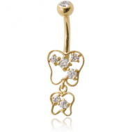 14K GOLD DOUBLE JEWELLED NAVEL BANANA WITH CZ BUTTERFLY CHARM PIERCING