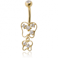 14K GOLD DOUBLE JEWELLED NAVEL BANANA WITH CZ BUTTERFLY CHARM