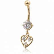 14K GOLD CZ HEART CHARM NAVEL BANANA WITH HOLLOW TOP BALL PIERCING