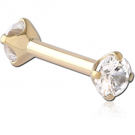 14K GOLD INTERNALLY THREADED DOUBLE JEWELLED CZ BARBELL