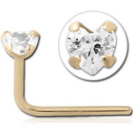 14K GOLD 90 DEGREE PRONG SET CZ HEART NOSE STUD PIERCING