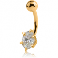 18K GOLD OVAL PRONG SET CZ NAVEL BANANA WITH HOLLOW TOP BALL PIERCING