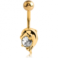 18K GOLD CZ DOLPHIN NAVEL BANANA WITH HOLLOW TOP BALL