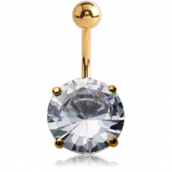 18K GOLD ROUND PRONG SET 10MM CZ NAVEL BANANA WITH HOLLOW TOP BALL PIERCING