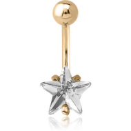 18K GOLD STAR PRONG SET 8MM CZ NAVEL BANANA WITH HOLLOW TOP BALL PIERCING