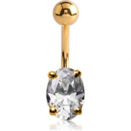 18K GOLD OVAL PRONG SET 5X7MM CZ NAVEL BANANA WITH HOLLOW TOP BALL