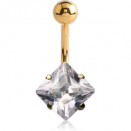 18K GOLD SQUARE PRONG SET 8MM CZ NAVEL BANANA WITH HOLLOW TOP BALL PIERCING