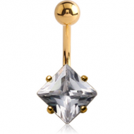 18K GOLD SQUARE PRONG SET 6MM CZ NAVEL BANANA WITH HOLLOW TOP BALL PIERCING