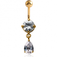 18K GOLD ROUND CZ DANGLE NAVEL BANANA WITH HOLLOW TOP BALL PIERCING