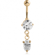 18K GOLD OVAL CZ DANGLE NAVEL BANANA WITH HOLLOW TOP BALL