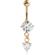 18K GOLD HEART CZ DANGLE NAVEL BANANA WITH HOLLOW TOP BALL