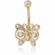 18K GOLD CZ BUTTLERFLY NAVEL BANANA WITH JEWELLED TOP BALL
