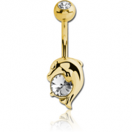 18K GOLD CZ DOLPHIN NAVEL BANANA WITH JEWELLED TOP BALL PIERCING