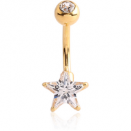 18K GOLD STAR PRONG SET 8MM CZ NAVEL BANANA WITH JEWELLED TOP BALL PIERCING