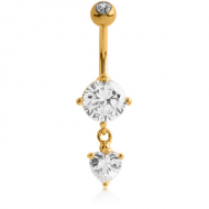 18K GOLD ROUND CZ AND HEART DANGLE NAVEL BANANA WITH JEWELLED TOP BALL PIERCING