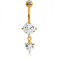 18K GOLD ROUND CZ AND HEART DANGLE NAVEL BANANA WITH JEWELLED TOP BALL