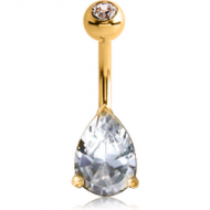 18K GOLD TEAR DROP PRONG SET CZ NAVEL BANANA WITH JEWELLED TOP BALL PIERCING