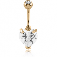 18K GOLD HEART PRONG SET 5MM CZ NAVEL BANANA WITH JEWELLED TOP BALL