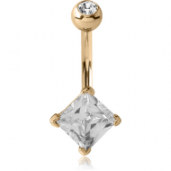 18K GOLD SQUARE PRONG SET 5MM CZ NAVEL BANANA WITH JEWELLED TOP BALL