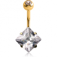 18K GOLD SQUARE PRONG SET 8MM CZ NAVEL BANANA WITH JEWELLED TOP BALL PIERCING