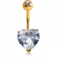 18K GOLD HEART PRONG SET 10MM CZ NAVEL BANANA WITH JEWELLED TOP BALL PIERCING