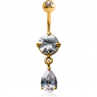 18K GOLD ROUND CZ DANGLE NAVEL BANANA WITH JEWELLED TOP BALL