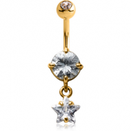 18K GOLD STAR CZ DANGLE NAVEL BANANA WITH JEWELLED TOP BALL