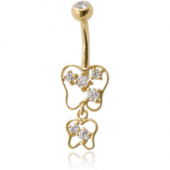 18K GOLD DOUBLE JEWELLED NAVEL BANANA WITH CZ BUTTERFLY CHARM PIERCING