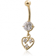 18K GOLD CZ HEART CHARM NAVEL BANANA WITH HOLLOW TOP BALL