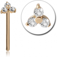 18K GOLD PRONG SET TRINITY JEWELLED STRAIGHT LARGE NOSE STUD PIERCING