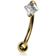18K GOLD PRONG SET SQUARE CZ CURVED MICRO BARBELL PIERCING