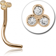 18K GOLD BEZEL SET TRINITY JEWELLED CURVED NOSE STUD PIERCING