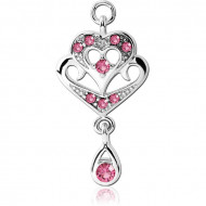 RHODIUM PLATED BRASS JEWELLED CHARM - HEART WITH DANGLING TEAR