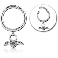 SURGICAL STEEL ROUND HINGED SEGMENT RING WITH HOOP AND JEWELED DANGLING CHARM - FLOWER PIERCING