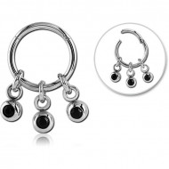 SURGICAL STEEL ROUND HINGED SEGMENT RING WITH HOOP AND JEWELED DANGLING CHARM - THREE BALLS