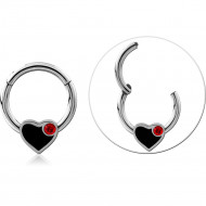 STEEL HINGE SEGMENT RING BLACK HEART WITH RED GEM ACCENT