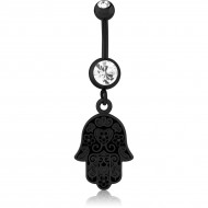 BLACK PVD COATED SURGICAL STEEL DOUBLE JEWELED NAVEL BANANA WITH CHARM