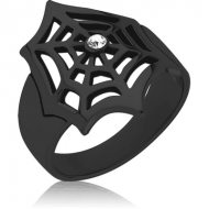 BLACK PVD COATED SURGICAL STEEL JEWELLED RING - SPIDER WEB