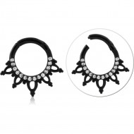 BLACK PVD COATED SURGICAL STEEL HINGE SEGMENT RING ORNATE GEM FAN WITH DROP CHARM