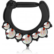 316L BLACK PVD COATED SURGICAL STEEL HINGED SEPTUM CLICKER GRADUATED ROUND GEMS