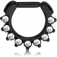 BLACK PVD COATED SURGICAL STEEL ROUND JEWELLED HINGED SEPTUM CLICKER PIERCING