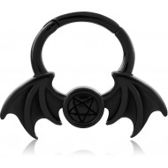 316L BLACK PVD COATED SURGICAL STEEL HINGED SEPTUM CLICKER WITH BAT WINGS AND PENTAGRAM
