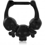 316L BLACK PVD COATED SURGICAL STEEL HINGED SEPTUM CLICKER WITH TRIPLE SKULLS