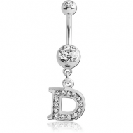 SURGICAL STEEL DOUBLE JEWELED NAVEL BANANA WITH JEWELED LETTER CHARM - D