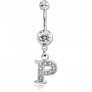 SURGICAL STEEL DOUBLE JEWELLED NAVEL BANANA WITH JEWELLED LETTER CHARM - P